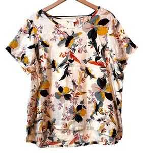 Cynthia Rowley Top Women 1X Multicolor Linen Floral Artsy Coastal Summer Natural
